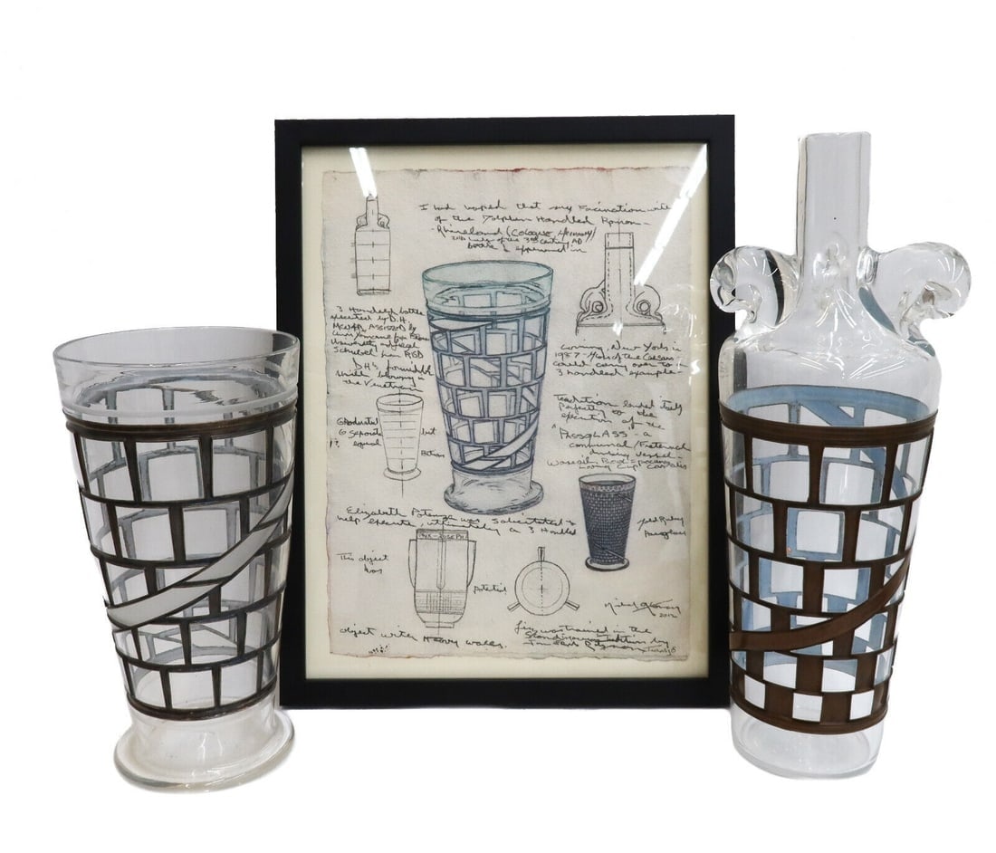 Michael M. Glancy (US 20 C) Two Blown Glass Vessels Silvered Metal Copper Study: Michael M. Glancy (American 20th C) vessels and a study, 2012. Contains two vases with silvered metal and copper overlay in a square brick and swirled motif and a hand painted water color and pencil f