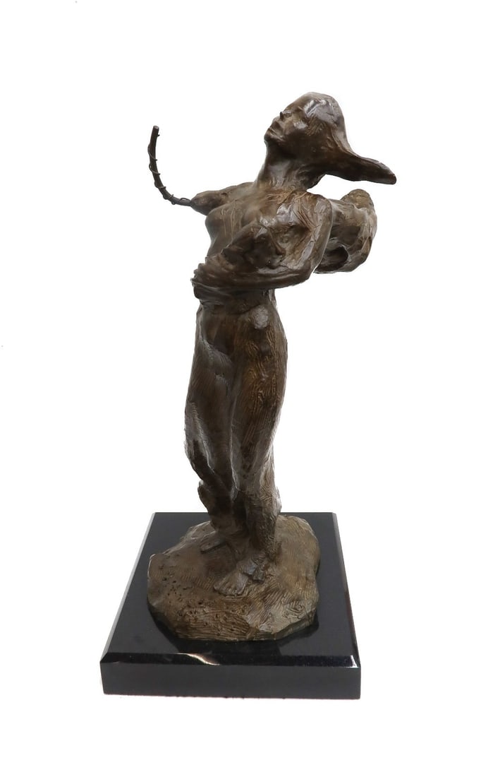 Frederick Hart (US 1943-1999) Patinated Bronze Sculpture The Guardian Ltd Ed: Frederick Hart (American 1943-1999) patinated bronze and black marble sculpture, The Guardian, 2007. The sculpture depicts a winged angel with a wired right arm holding a baby. Artist signed "Hart" to