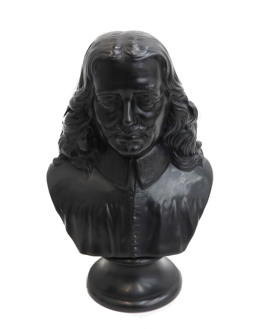 Wedgwood England Black Basalt Bust of John Bunyan 19th Century: Wedgwood England Black Basalt Bust of John Bunyon, 19th Century. The back of shoulder impressed with "Wedgwood / John Bunyon / and E. W Wyon F." Another Wedgwood mark to underside. Weight: Approx. 6 l