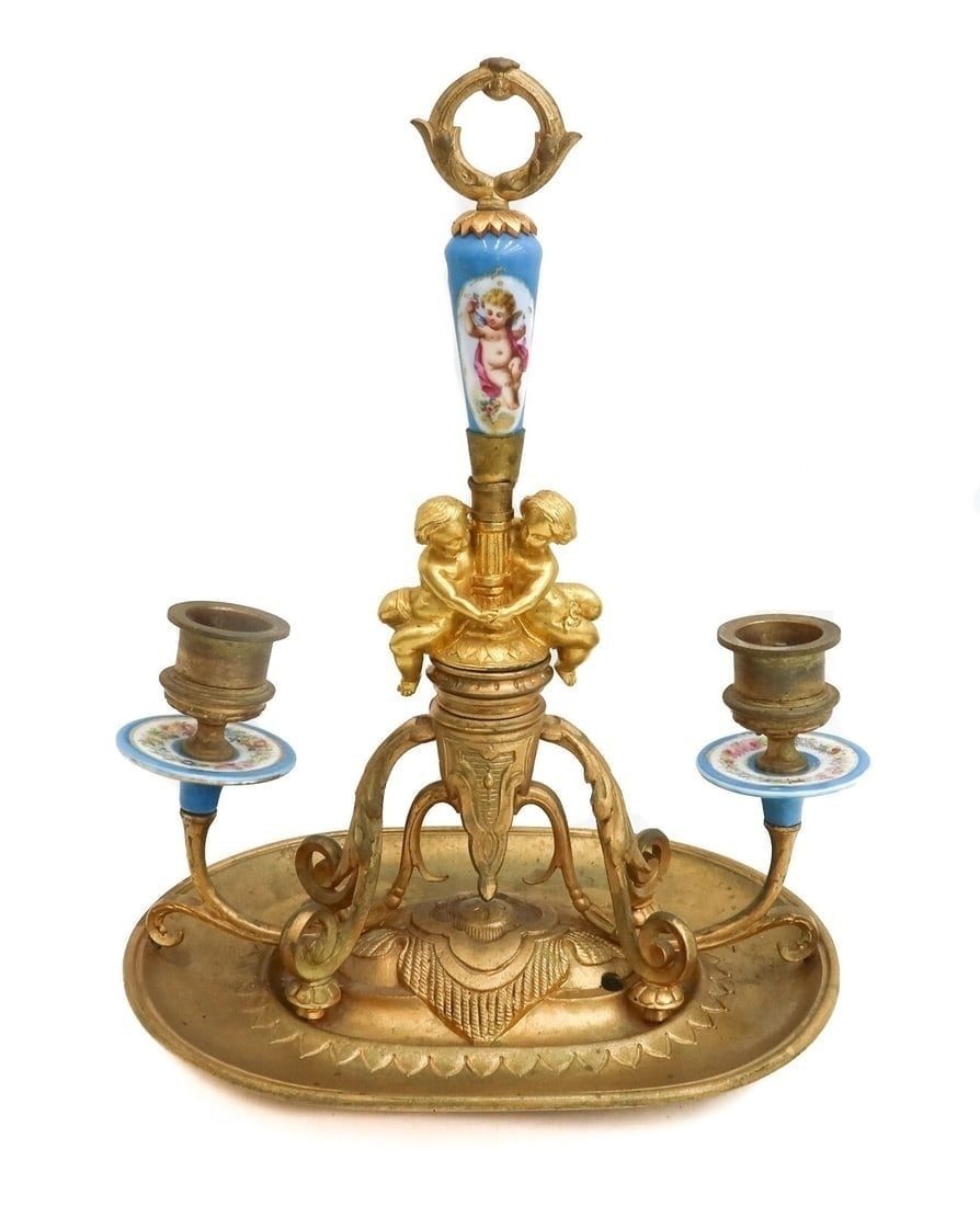 Sevres France Hand Painted Porcelain and Gilt Bronze Candle Holder Tray: Sevres France hand painted porcelain and gilt bronze candle holder tray. Hand painted florals and cherubs to porcelain pieces with figural cherubs to the gilt bronze tray. Weight: Approx. 5 lbs Measur
