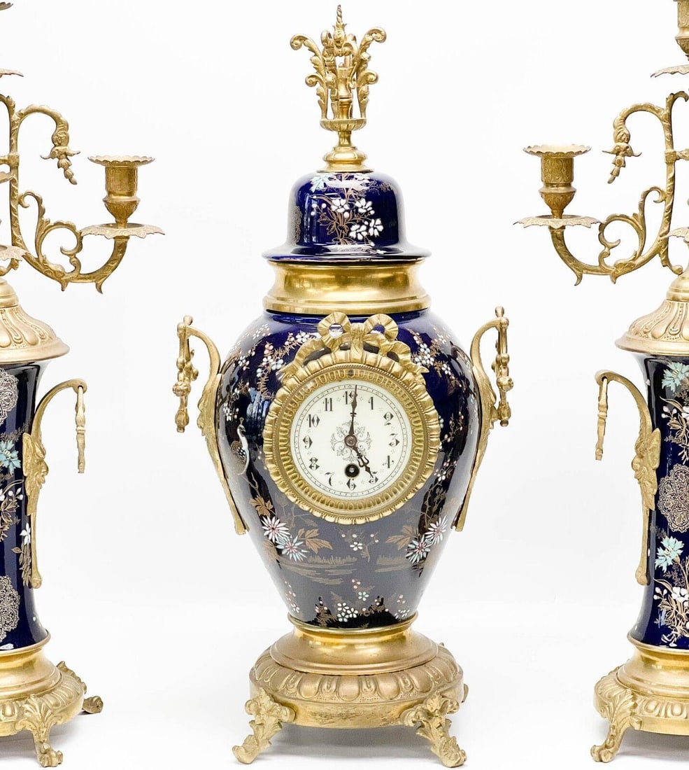 3 Piece French Japonisme Gilt Bronze Mounted Enameled Porcelain Clock Garniture - 2