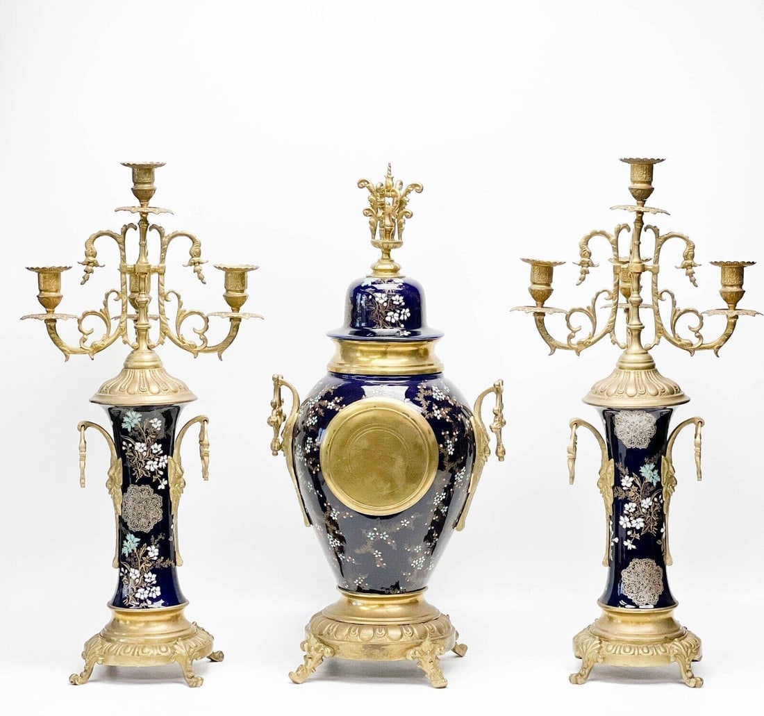 3 Piece French Japonisme Gilt Bronze Mounted Enameled Porcelain Clock Garniture - 4