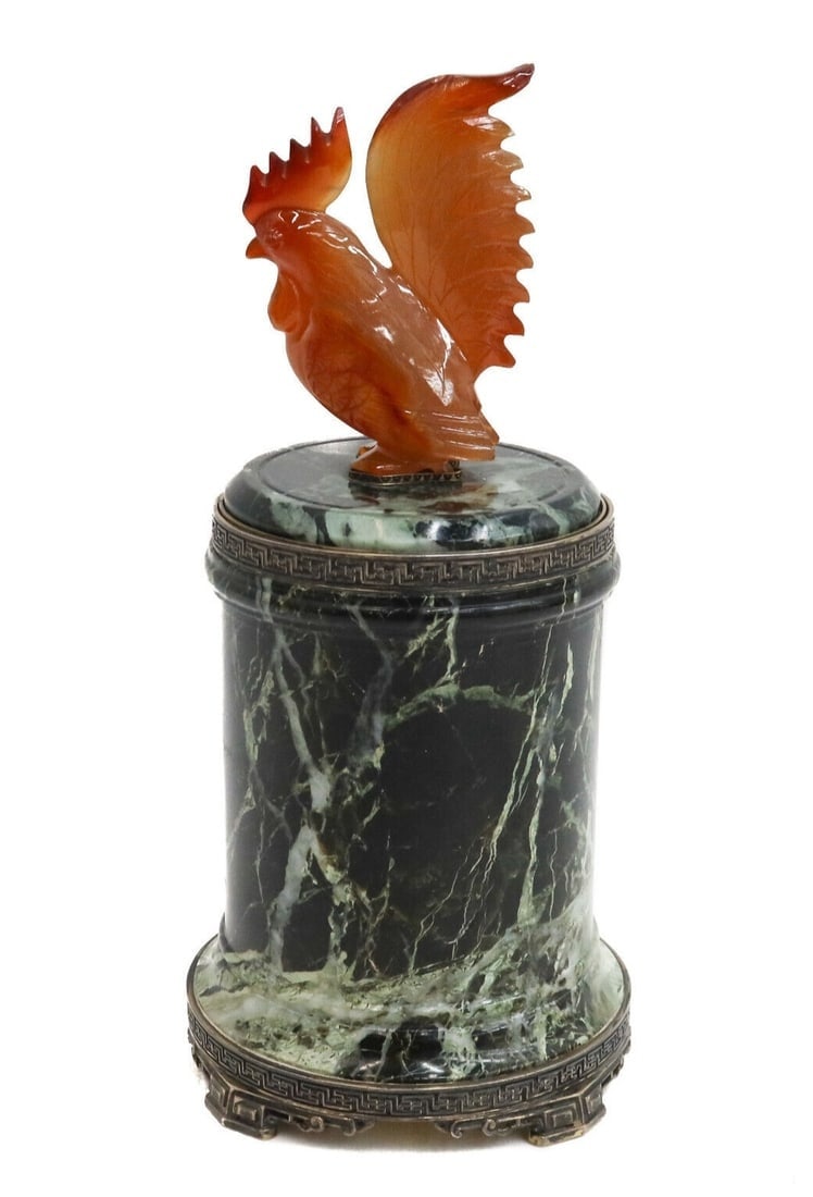Yamanaka Lebkuecher Sterling Silver Marble Carnelian Rooster Cigarette Box (1 of 12)