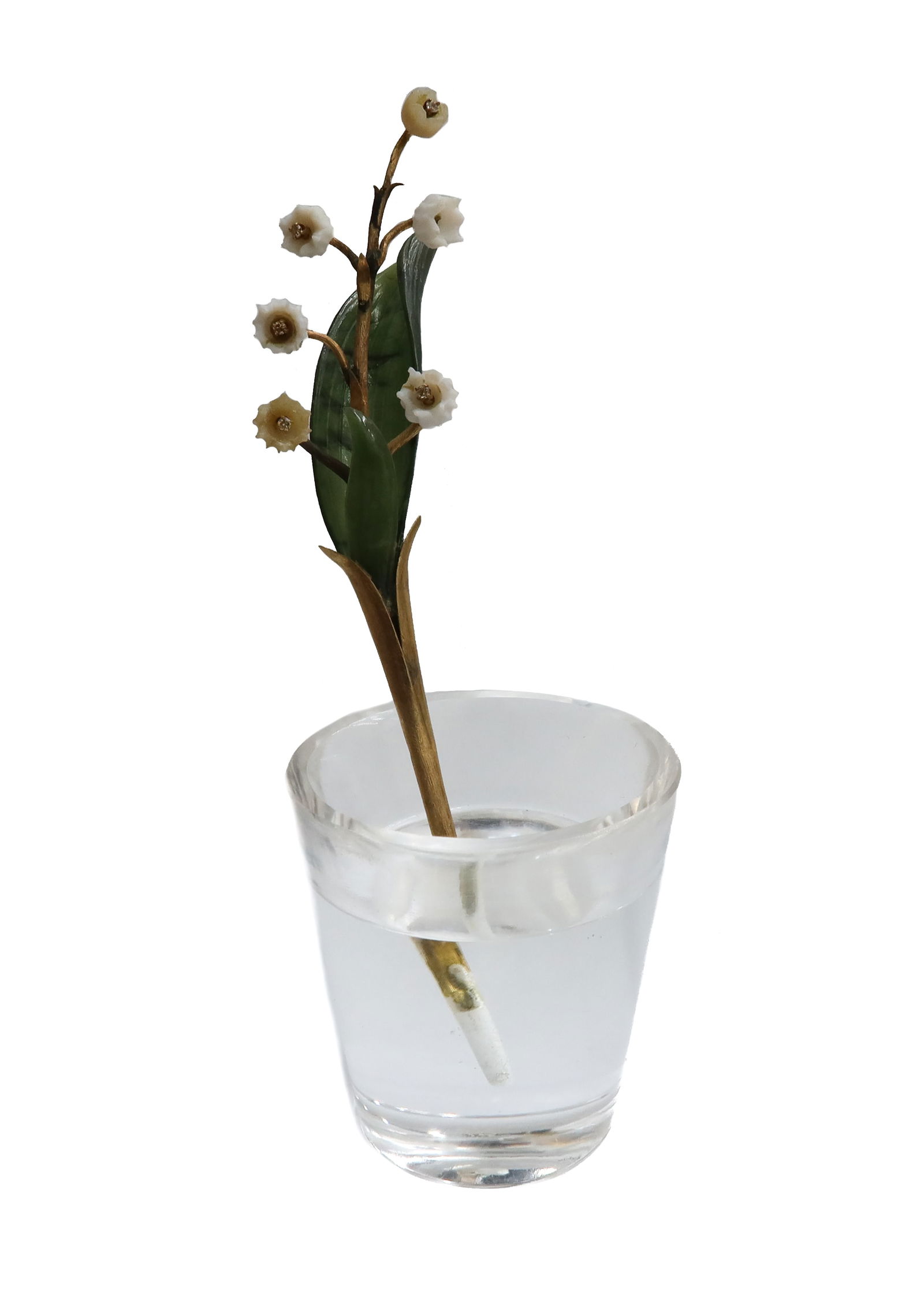Study of a Lily of the Valley Flower Carved Rock Crystal: A study of Lily of the Valley in the manner of Faberge. Hand carved white quartz petals with topaz pistols and nephrite jade leaves. 14k gold stems and branch mounted to a rock crystal vase. Weight Ap