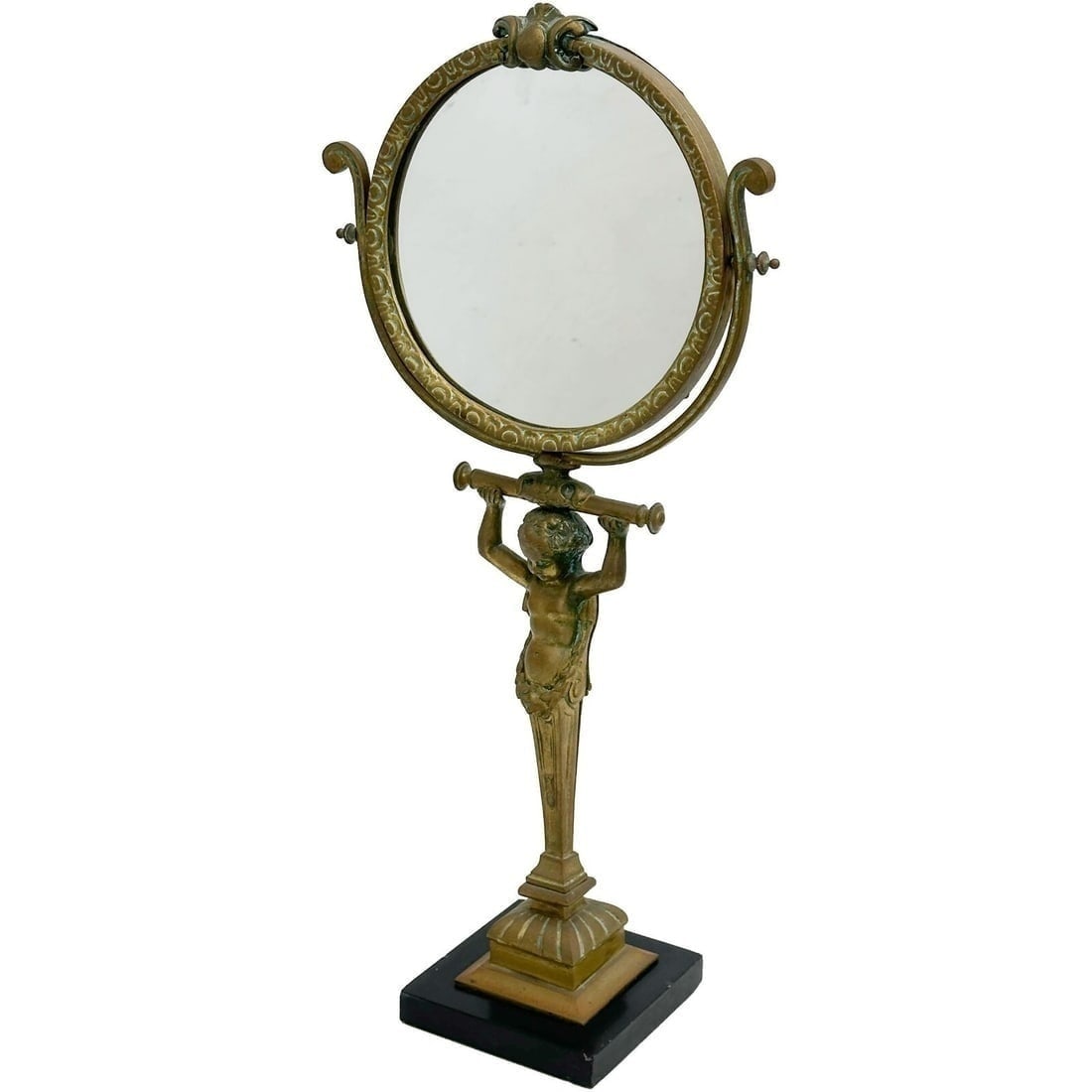 French Popon Gilt Bronze Figural Table Vanity Mirror Putti Stone Base circa 1900 (1 of 7)