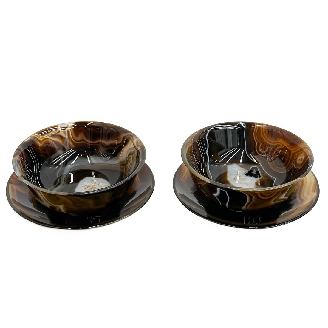 Pair Continental Carved Banded Agate Geode Bowls with Underplates mid 20th cen (1 of 11)