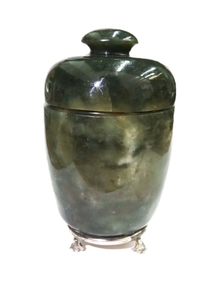 Yamanaka Lebkuecher Sterling Silver Spinach Green Jade Footed Inkwell 20th C (1 of 11)