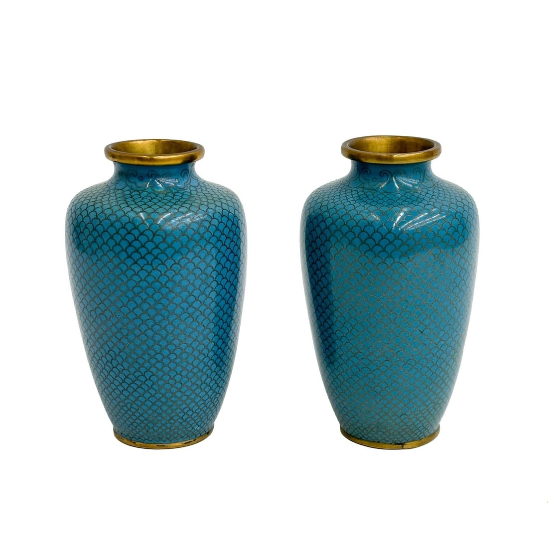Pair Japanese Cloisonne Enamel Vases Blue Fishscales Meiji period: Pair Japanese Cloisonne Enamel Vases, Meiji period. Blue fish scale decoration to body, gilt bronze mounts Weight: Approx. 1.5 lb Measurements: Approx. 3.5 inches diameter x 6.25 inches tall Condition