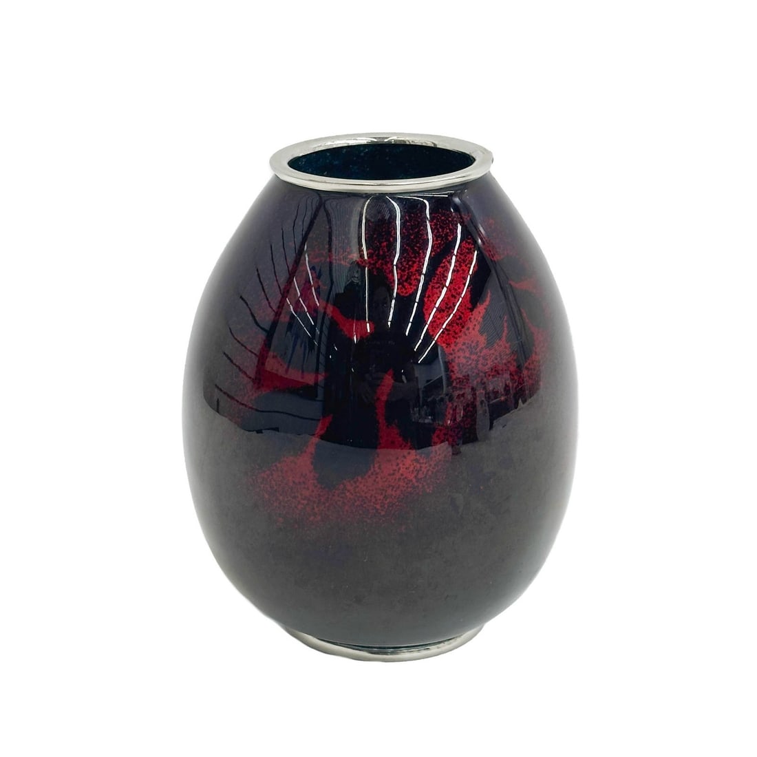 Sato Japan Cloisonne Red Ginbari Enamel Vase Leaves: Sato Japanese Ginbari Enamel Vase. A red ground decorated with leaves. Underside marked Japan Sato Cloisonne Weight: Approx. 1 lb Measurements: Approx. 4.75 inches diameter x 6 inches tall Condition: