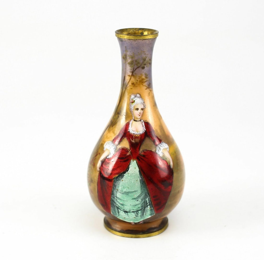 French Hand Painted Enamel, Gilt Bronze Vase; Woman in Red Dress Signed; c1900: c. 1900 French Miniature Hand Painted Enamel on Gilt Bronze Vase, signed. This piece depicts a Beautiful Young Woman wearing a powdered wig, and a Brilliant Blood Red Gown against a subtly colored lan