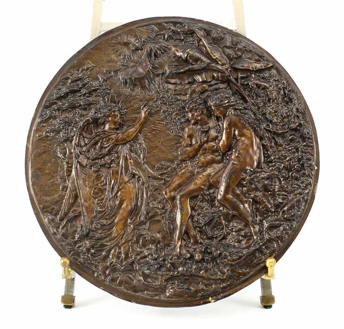 c.1900 Patinated Bronze Adam & Eve Wall Plaque; Bas Relief. Unmarked: c1900 Patinated Bronze Adam and Eve Wall Plaque; Bas Relief. Unmarked. Weight 3 pounds. Measurements: Approx. 9.5 inches Diameter Domestic Shipping: $30