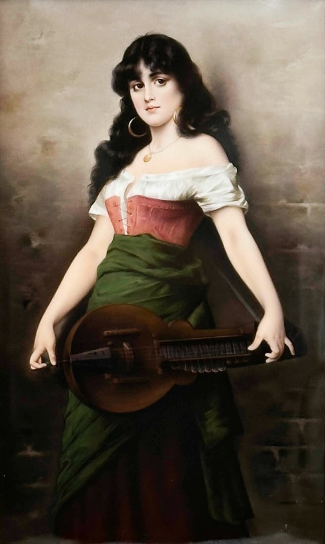 KPM Berlin Hand Painted Porcelain Plaque Framed Portrait Woman with Instrument: KPM Berlin Hand Painted Porcelain Plaque Framed, circa 1900. Hand painted portrait of a woman holding an instrument. Back with impressed KPM mark, S 33 20. Mounted in a carved gilt wood frame. Weight: