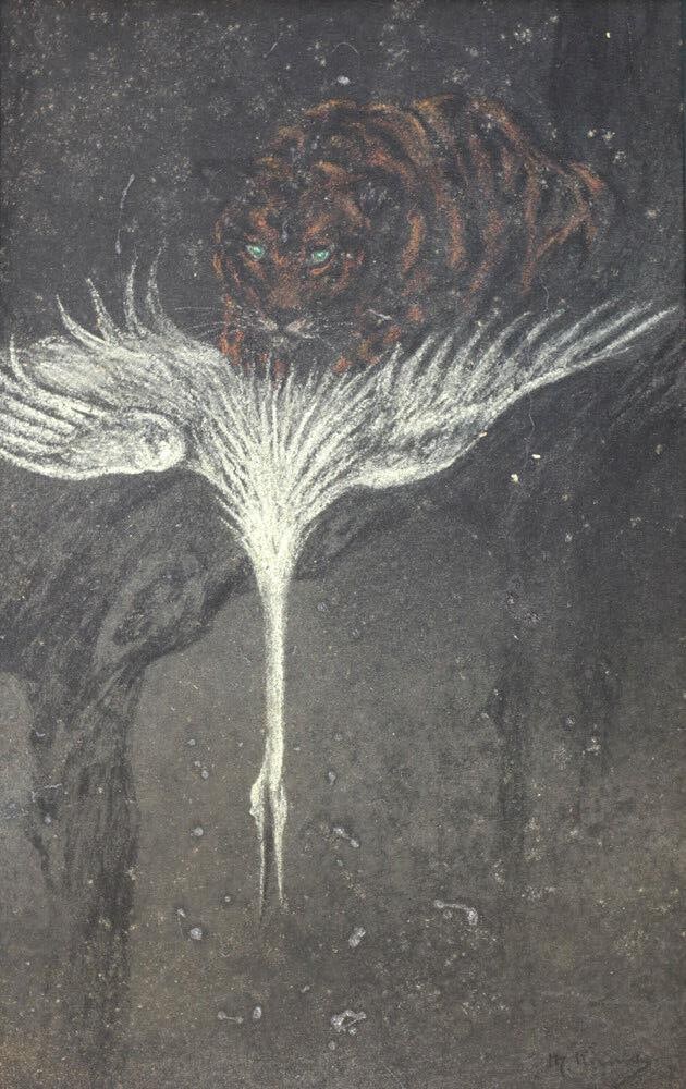 Marguerite Kirmse (American 1885-1954) Pastel on Board Lion & Swan, Signed: Marguerite Kirmse (American 1885-1954) original pastel on board drawing of a lion devouring a swan. Signed to the left. Matted in a black mat board. Marguerite Louisa Kirmse (14 December 1885 - 1954)