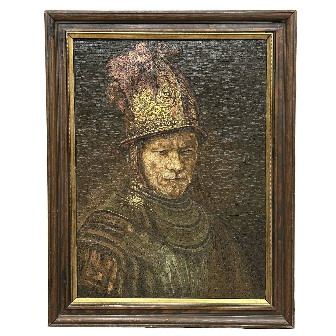 Micro Mosaic Plaque after Rembrandt Man with the Golden Helmet Framed 19th/20th: Micromosaic plaque depicting a soldier, 19th or early 20th century. After the painting by Rembrandt van Rijn (Dutch, 1606-1669) "The Man with the Golden Helmet". Mounted in a wood frame with wall hang