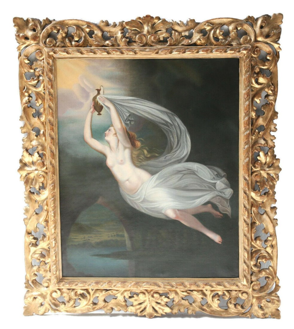 Continental Oil on Canvas Painting, Iris Goddess of the Rainbow, 18th Century: A stunning Continental oil on canvas painting, Iris Goddess of the Rainbow, Greek Mythology, 18th Century. The painting depicts a partially nude beauty holding an ewer and flying towards the sun. In t