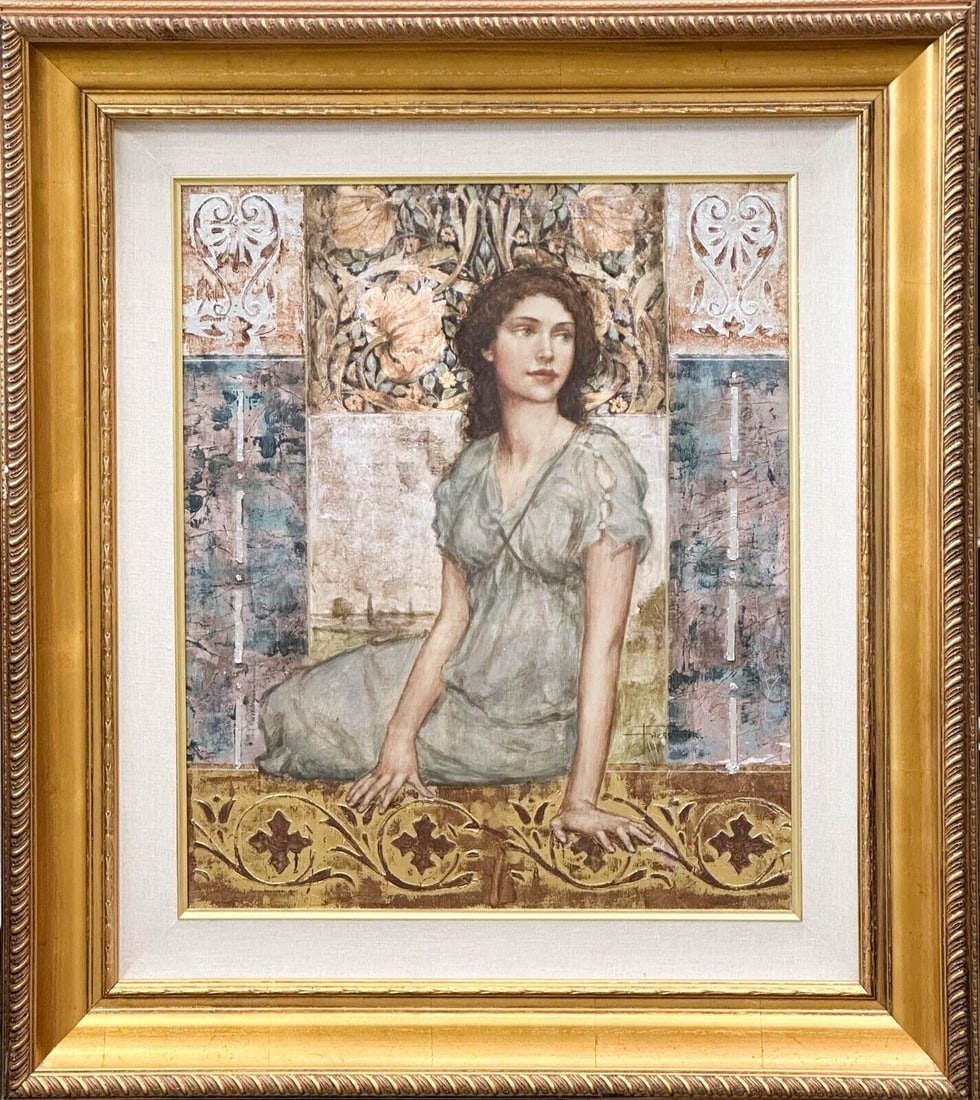 Francois Fressinier (French b.1968) Oil on Canvas, "Serene" 2003 Signed Framed: Francois Fressinier (French 20th Century) oil on canvas painting, "Serene" Signed, 2003. Large painting on canvas depicting a seated beauty. Background with raised silvered and gilt decoration. Artist