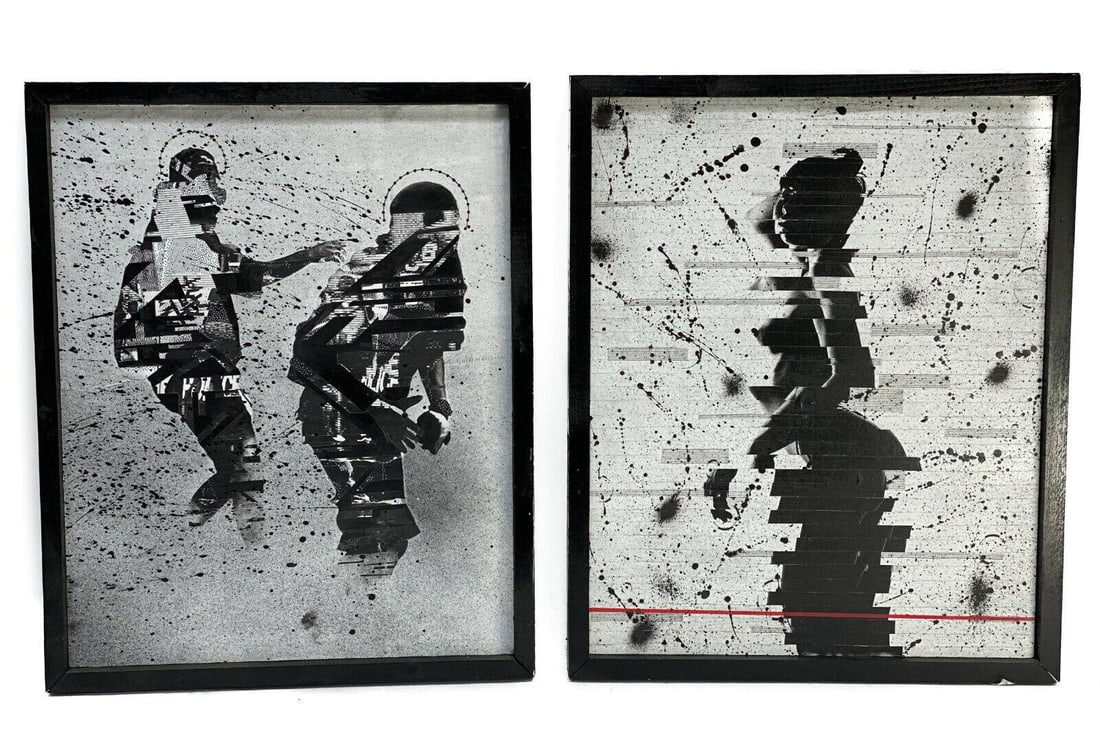 Gabriel Perez (Spanish 20th Century) Pair Mixed Media on Panel Pieces, Signed: Gabriel Perez (Spanish 20th Century) pair mixed media pieces. The pieces are comprised of paper collage with printed figures and black acrylic paint. One titled "System of Control" and the other "Effe