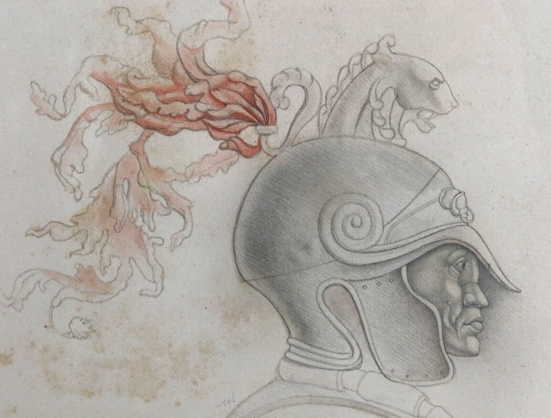 Werner Wildner (German/US 20th C.) Graphite Drawing of a Knight: Werner Wilder (German American 1925-2004) graphite on paper drawing. The drawing depicts a profile of a knight with a military helmet decorated with a lion head and red feathers. Artist signed "W" to