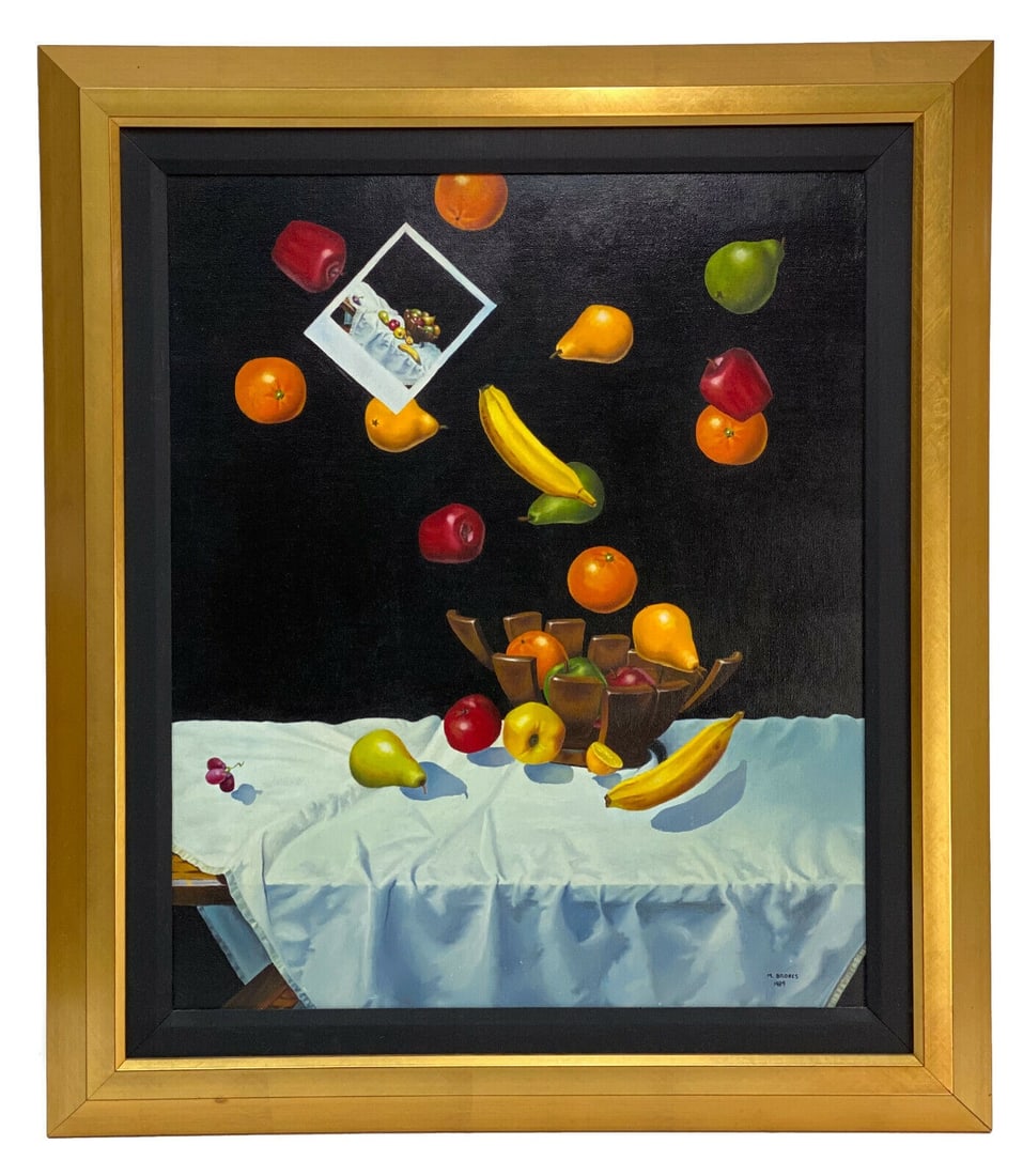 Michael Bridges (American 20th Century) Oil on Canvas Falling Fruit, Signed 1989: Michael Bridges (American 20th Century) oil on canvas "Falling Fruit", Signed 1989. The surrealist still life painting depicts various fruits falling into a broken bowl with a Polaroid photo depicting