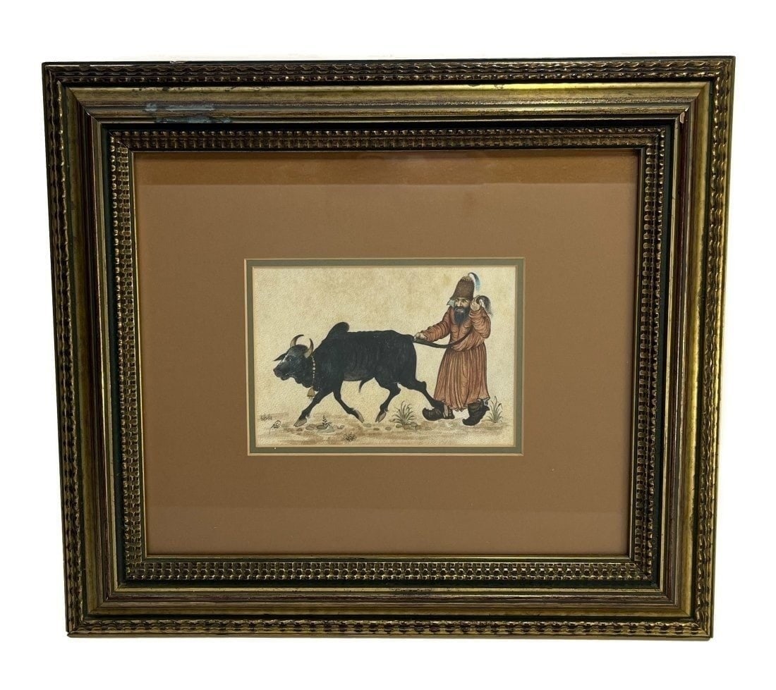Persian or Iranian Watercolor on Leather Portrait: Persian or Iranian watercolor of gouache on leather painting. The painting depicts a man in traditional Persian garbs with a bull. Artist signed to the lower corner: Abbasi Jam or Abbas Jam. In a matt