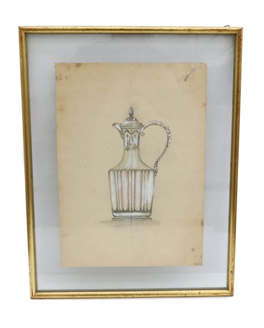 Louis C. Tiffany & Co. Watercolor Design Sketch Silver Overlay Ewer: Louis C. Tiffany & Co. Watercolor Design Sketch Silver Ewe with scroll handles, 2nd Quarter 19th Century. Marked "L. Tiffany & Co. New York" to edge. In a double glass gold frame. Weight Approx., 3 lb