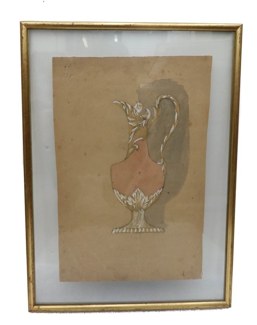 Louis C. Tiffany & Co. Watercolor Design Sketch of a Pitcher: Louis C. Tiffany & Co. Watercolor Design Sketch of a Pitcher, 2nd Quarter 19th Century.. Stamped "L. Tiffany & Co. New York" to edge. In a double glass gold frame. Weight Approx., 3 lbs ,br> Measures