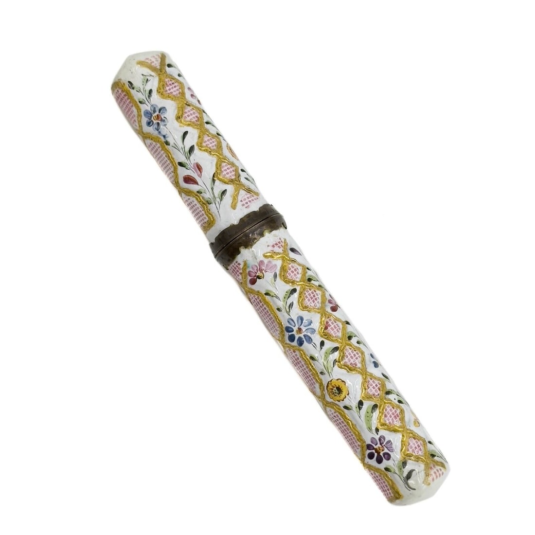 French Hand Painted Enamelled Gilt Etui Needlecase 29th century: French Hand Painted Enamelled Gilt Etui Needlecase, 19th century. A white ground, floral and raised gilt decoration to the sides. Gilt metal mounts. Weight:approx. less than .5 lb Measurements: Approx