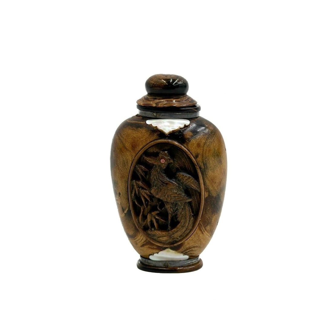 Chinese Carved Wood & Mother of Pearl Snuff Bottle Phoenix Dragon Qianlong c1900: Chinese Carved Wood & Mother of Pearl Snuff Bottle Phoenix Dragon, circa 1900. Carved panels of birds to each side, inset mother of pearl accents. Chinese reign marks to the underside, probably Qianlo
