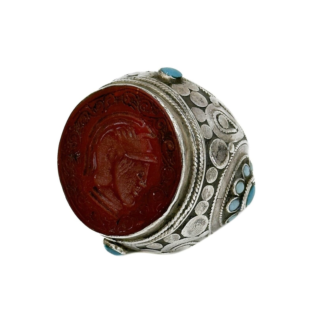 Tibetan Silver & Turquoise Signet Ring Seal Stamp with Carnelian Portrait 19th c (1 of 5)