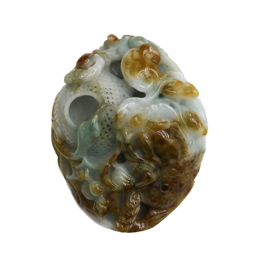 Chinese Grey Green and Brown Jade Carved Animal Figure: Chinese Grey Green and Brown Jade Carved Animal Figure. The aortic heart shaped figure depicts various creatures including a dragon, scorpion, spider, and snake devouring a reticulated round basket. W