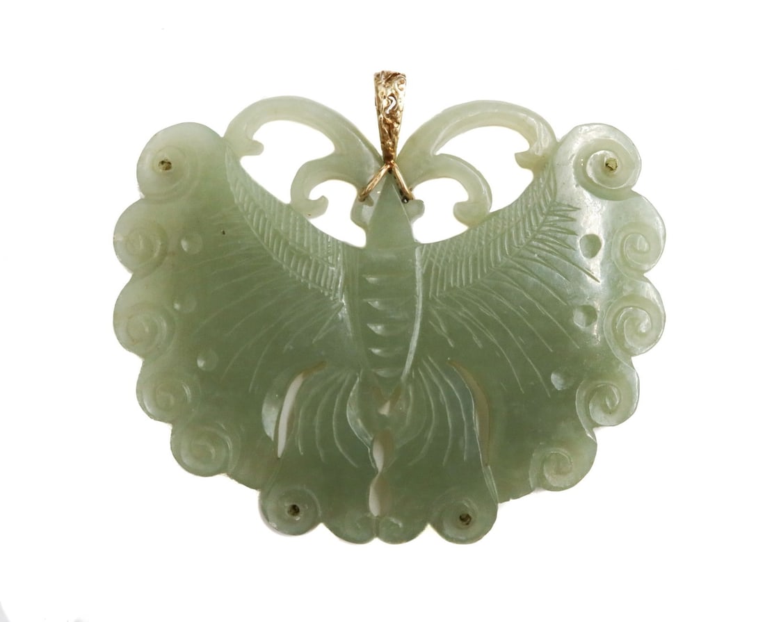 14k Yellow Gold and Green Chrysoprase Butterfly Pendant: 14k Yellow Gold and Green Chrysoprase Chinese Butterfly Pendant. Carved butterfly. The gold bail tests for 14k gold. Weight Approx, 61.06 grams Measures Approx., 3.25 inches x 2.75 inches x 0.4 inches