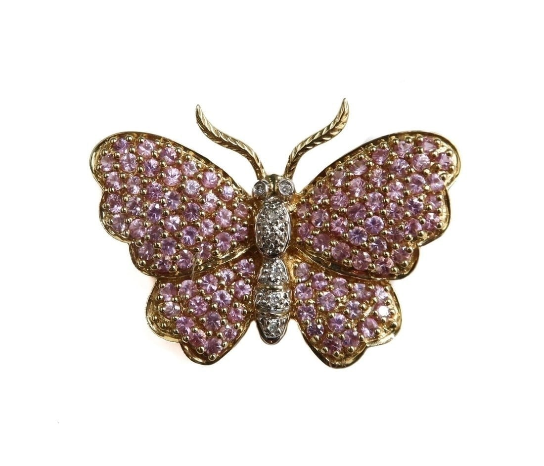 14k Yellow Gold Pink Sapphire and Diamond Butterfly Brooch Pin (1 of 9)