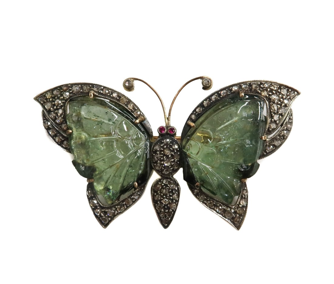 14k Yellow Gold Green Tourmaline Diamond and Ruby Butterfly Pin Brooch (1 of 8)