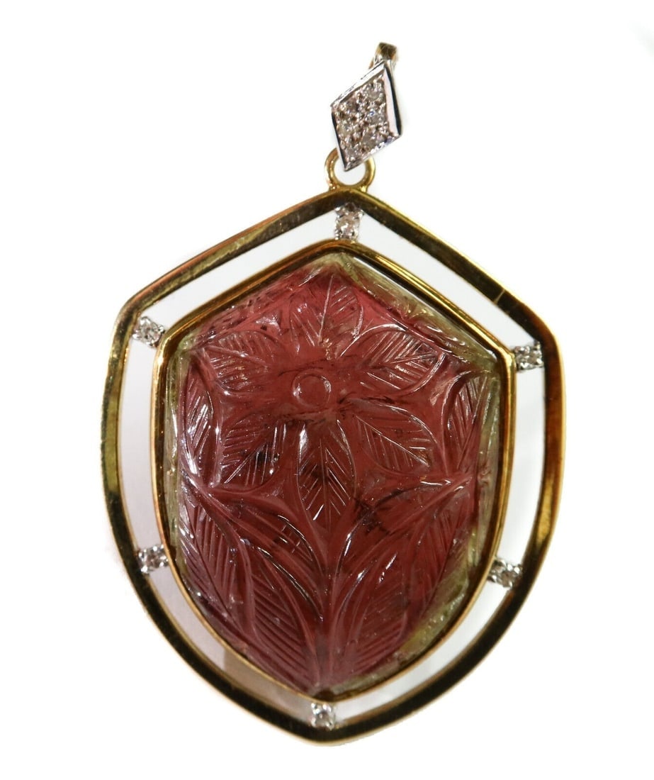 14k Yellow Gold Watermelon Tourmaline and Diamond Carved Necklace Pendant GIA: 14k Yellow Gold pink and green watermelon tourmaline and diamond carved necklace pendant. Translucent watermelon tourmaline shield carved in a floral design. Round cut diamonds encrusted to frame and