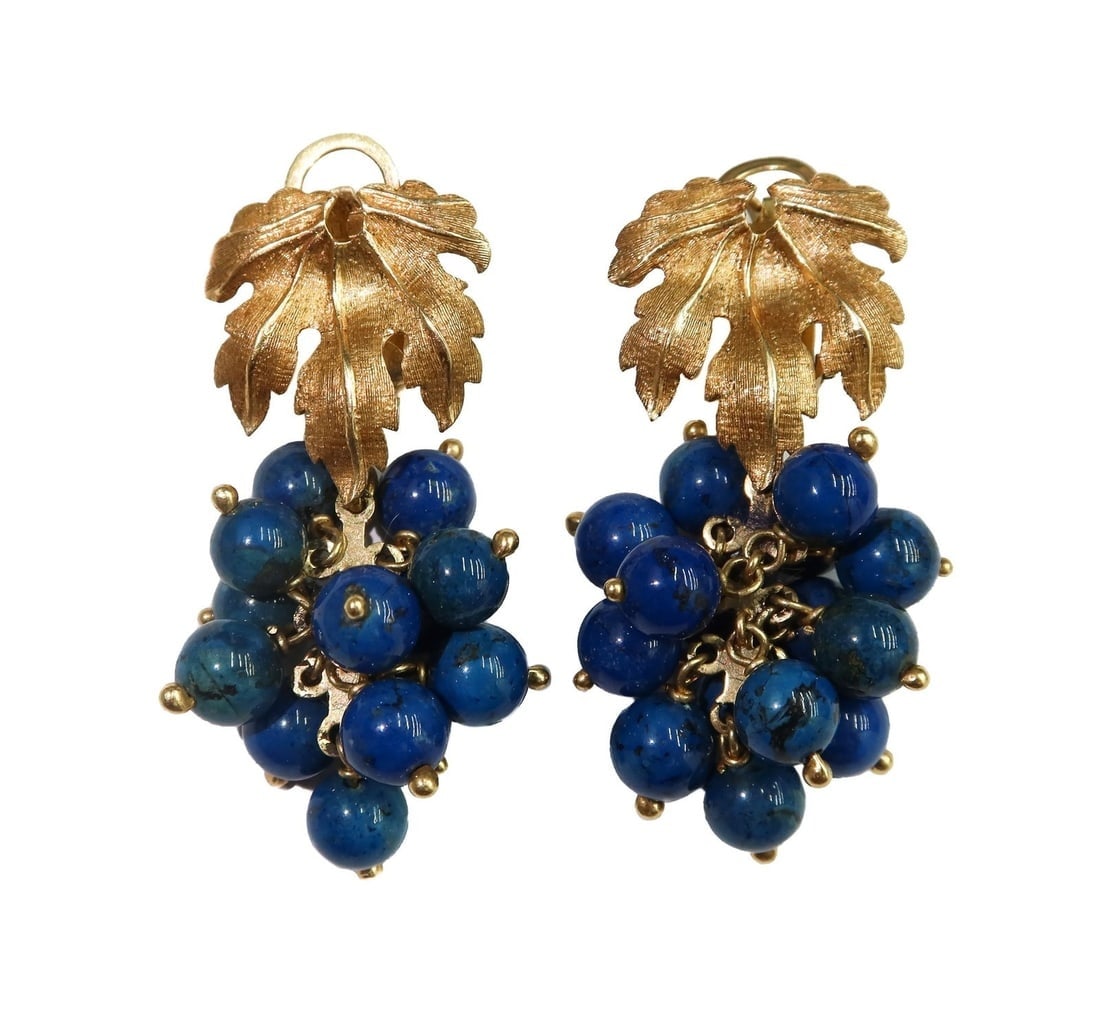 14k Yellow Gold and Lapis Lazuli Grape Earrings: 14k Yellow Gold and Lapis Lazuli Grape Earrings. Carved gold leaves with round lapis lazuli beads in a grape form measuring approximately 6.1mm. Marked 14k Italy. Weight Approx., 15.66 Measures Approx