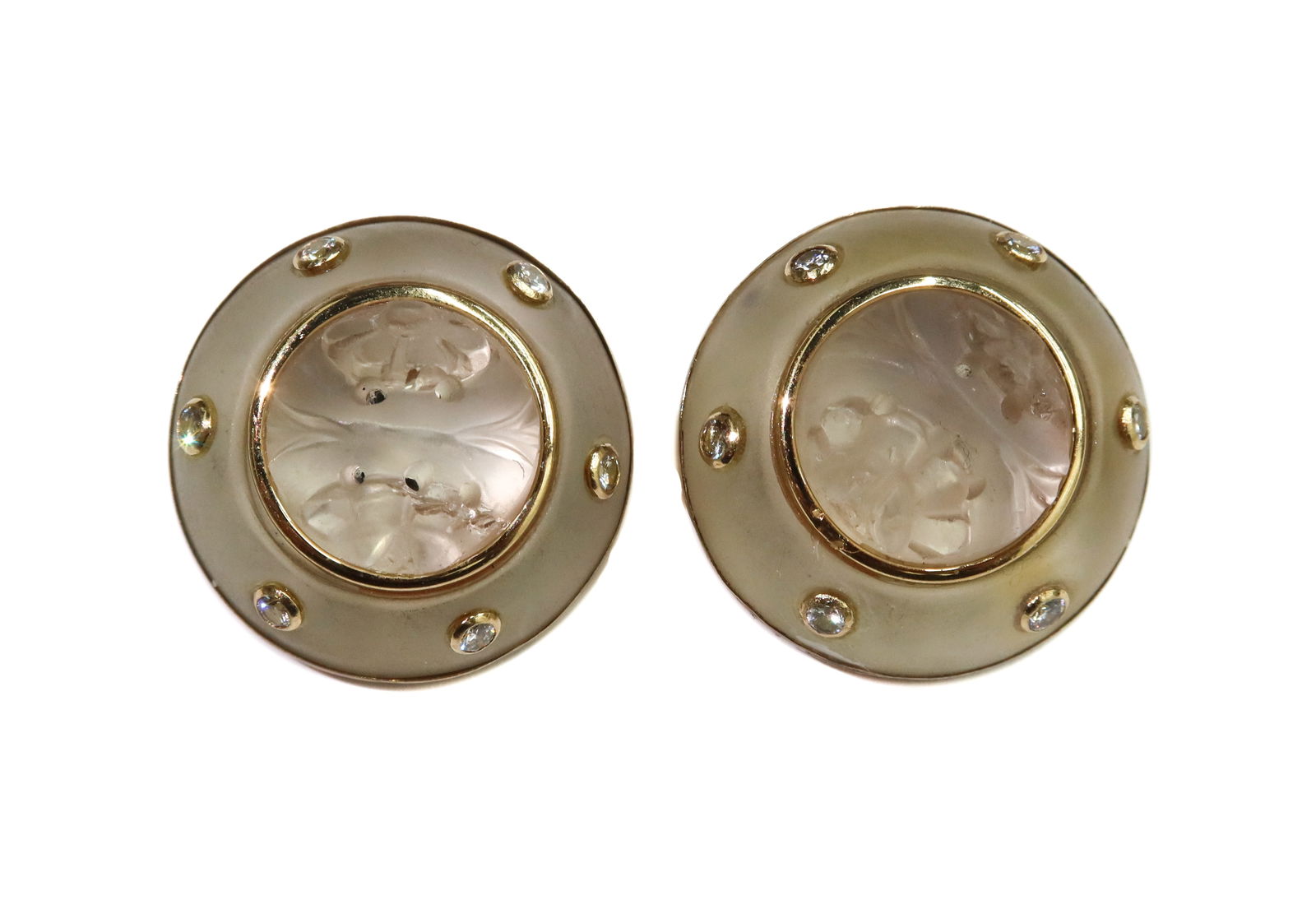 14k Yellow Gold and Frosted Crystal and Diamond Clip on Earrings: 14k Yellow Gold and Frosted Crystal and Diamond Clip on Earrings. Etched floral petals to center. 6 round cut diamonds to each earring weighing 0.3 carats total. Marked 14k to hinge. Weight Approx., 2