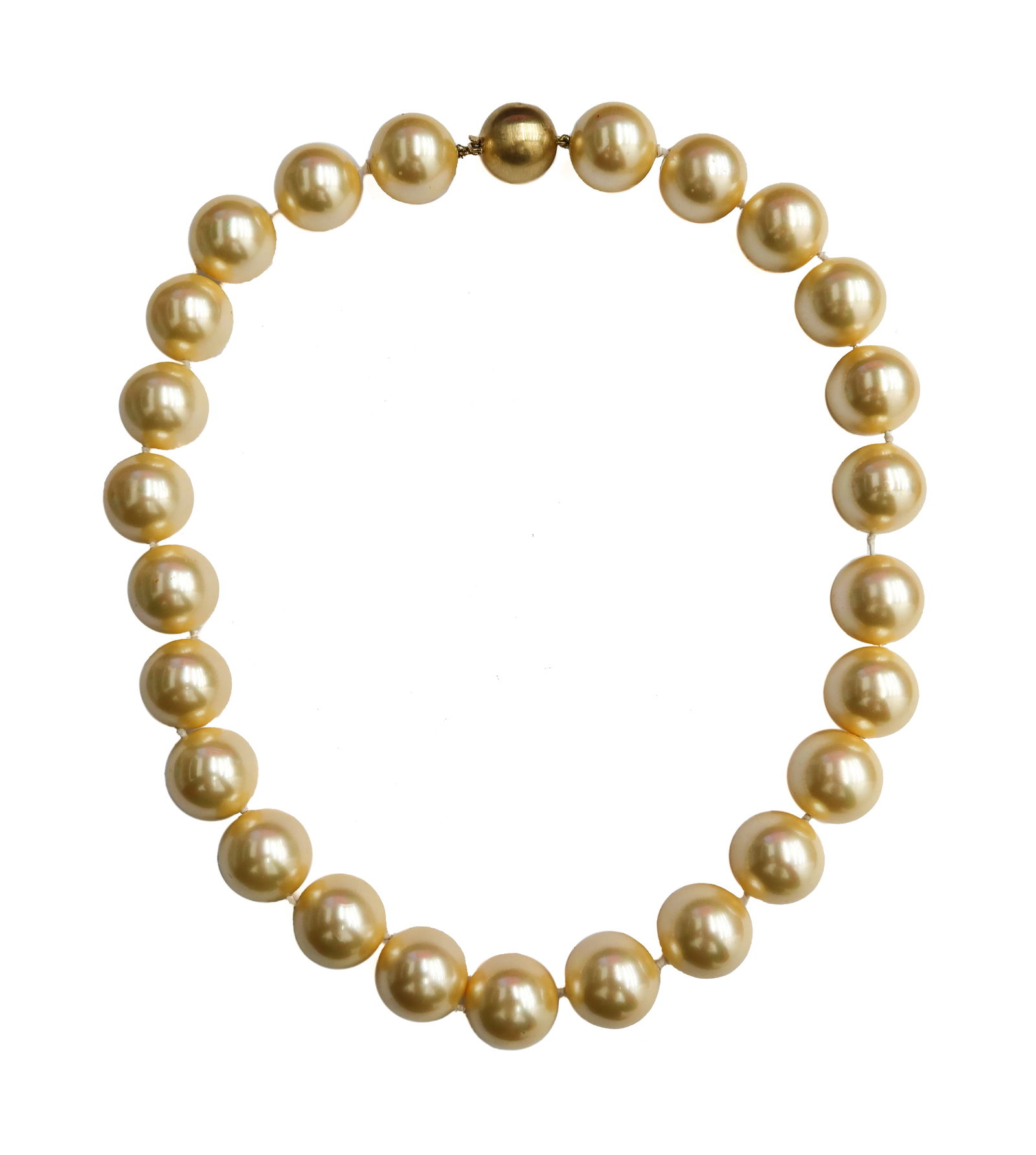 J Kohle 18k Yellow Gold Golden South Sea Pearl Single Strand Necklace: Impressive 18k Yellow Gold Golden South Sea Pearl Single Strand Necklace signed JKA for J. Köhle of Germany. 25 Golden South Sea luster pearls measuring from 16mm to 17mm. Clasp is modeled as a heavy