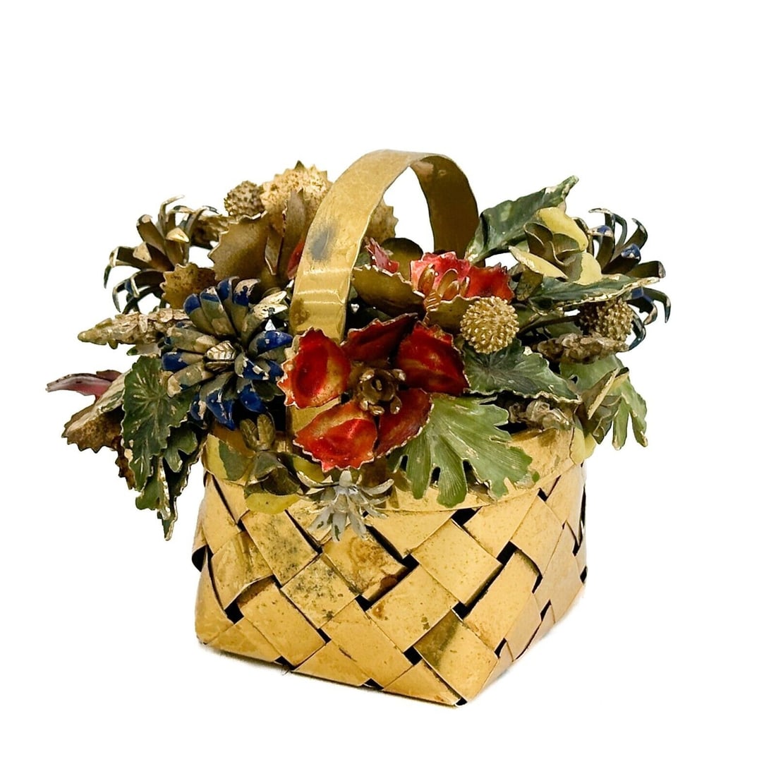 Cartier Gilt Sterling Silver Enameled Red Flowers Basket Figurine Ornament: Cartier France Gilt Sterling Silver Enameled Flower Basket Figurine Ornament. Gilt sterling silver basket marked Cartier handmade sterling to the side. Blue and green enameled flowers and leaves to in