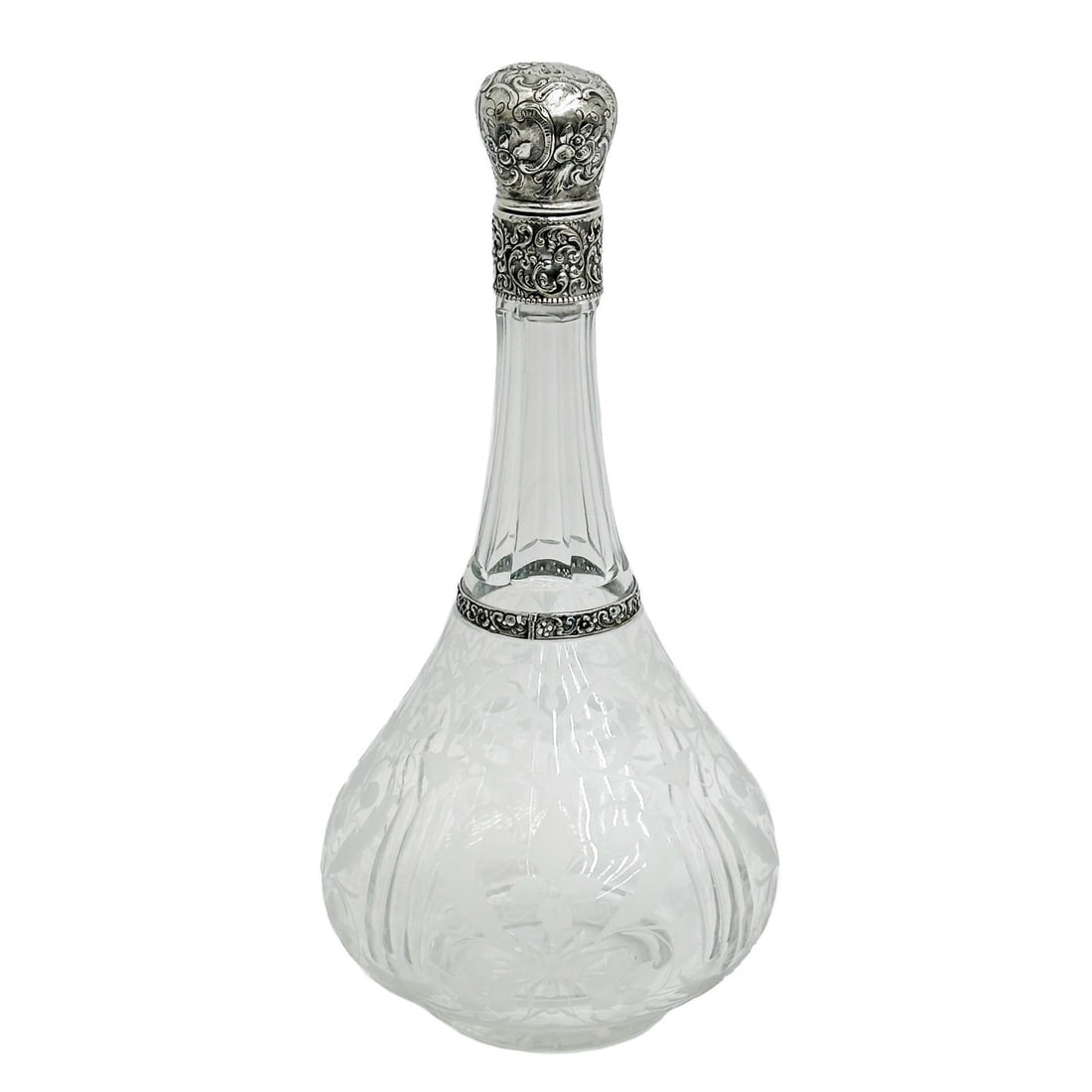 B Neresheimer & Sohne German Hanau Silver Mounted Etched Glass Decanter c1900: B Neresheimer & Sohne German Hanau Silver Mounted Etched Glass Decanter, circa 1900. Etched glass foliate decoration, pierced foliate silver marks, stopper with mounted silver. B Neresheimer & Sohne H