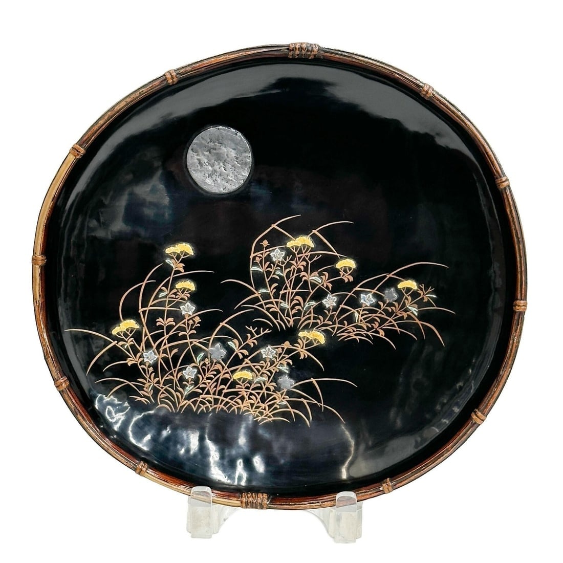 Japanese Bamboo Wood Lacquered Silver Enamel Kashibon Tray Basket w/ Box Meiji: Japanese Carved bamboo lacquer silver enamel kashibon sweets tray basket. The base consisting of finely carved wood mimicking woven basket with bamboo rim. The floral decoration with enamel and applie