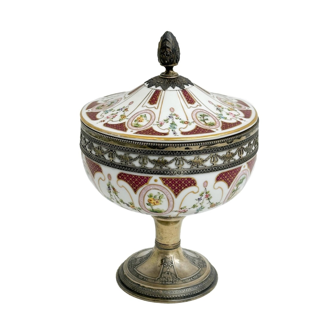 Sevres France Paul Fort Gilt Silver Mounted Porcelain Covered Jar Candy Dish: Sevres France Paul Fort French Gilt Silver Mounted Porcelain Covered Jar or Candy Dish, circa 1915. Ornate hand painted decoration to porcelain, pierced gilt silver mounted decoration. Base appears to
