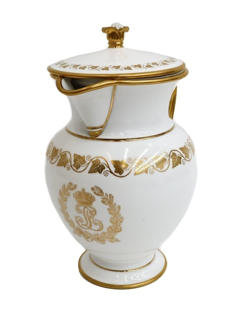 Manufacture de Sevres Chateau d' Eu Water Pitcher Pot a Decoction 1842: Manufacture de Sevres Chateau D' Eu Gilt Porcelain Water Pitcher Pot a Decoction, 1842. A white ground decorated with gilt ivy leaves to the edge, stylized monogram to the center beneath a crown frame