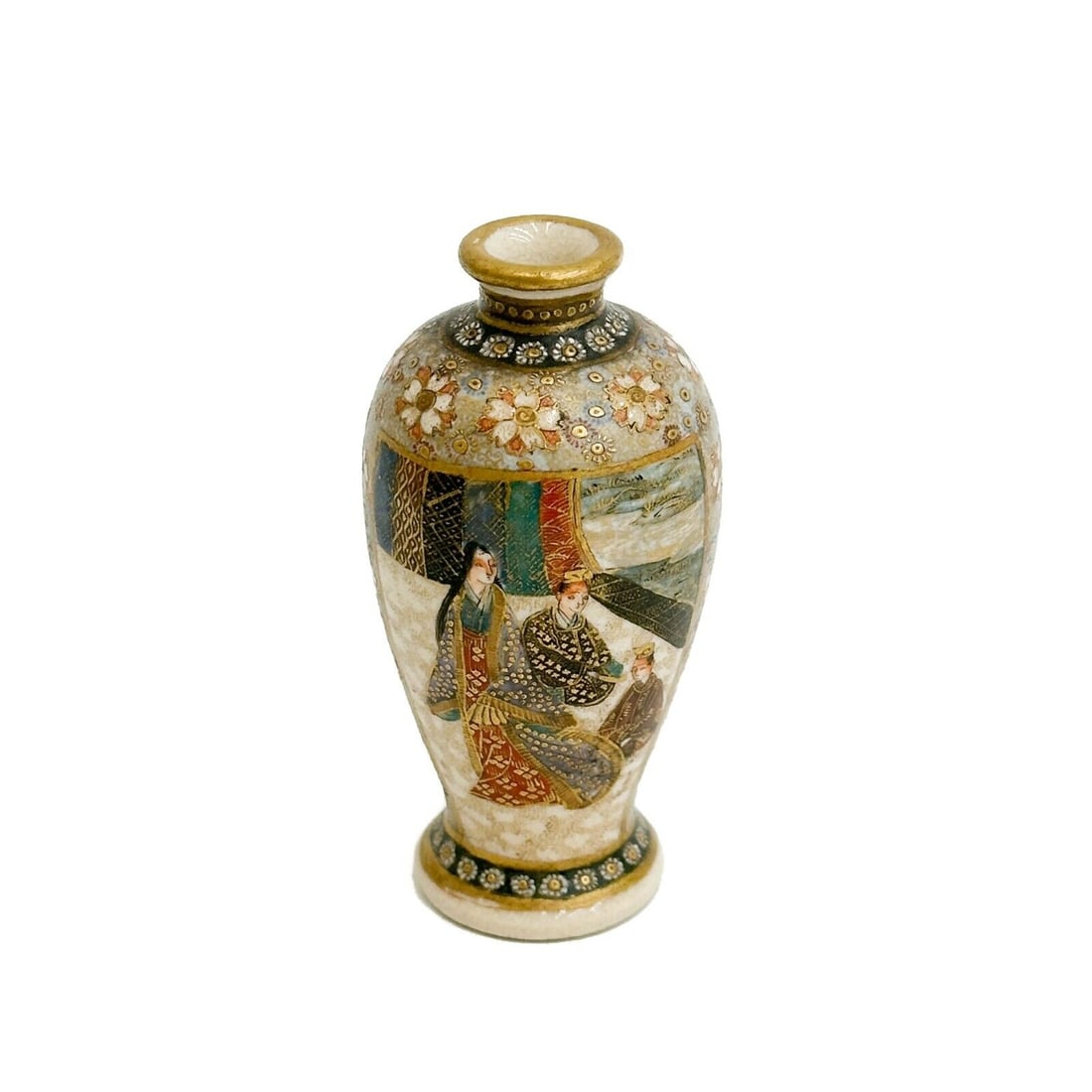 Japanese Satsuma Hand Painted Porcelain Miniature Vase: Japanese Satsuma Hand Painted Porcelain Miniature Vase. Hand painted panels to the sides depicting figures, floral accents. Weight: Approx. less than .5 lb Measurements: Approx. 1.25 inches diameter x