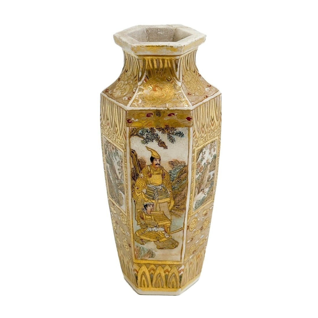 Satsuma Japanese Hand Painted Hexagonal Porcelain Vase Meiji period: Satsuma Japanese Hand Painted Hexagonal Porcelain Vase, Meiji period. Hand painted scenes to the sides with figures and birds. Gilt decoration. Weight: Approx. 1.5 lbs Measurements: Approx. 3.25 inche