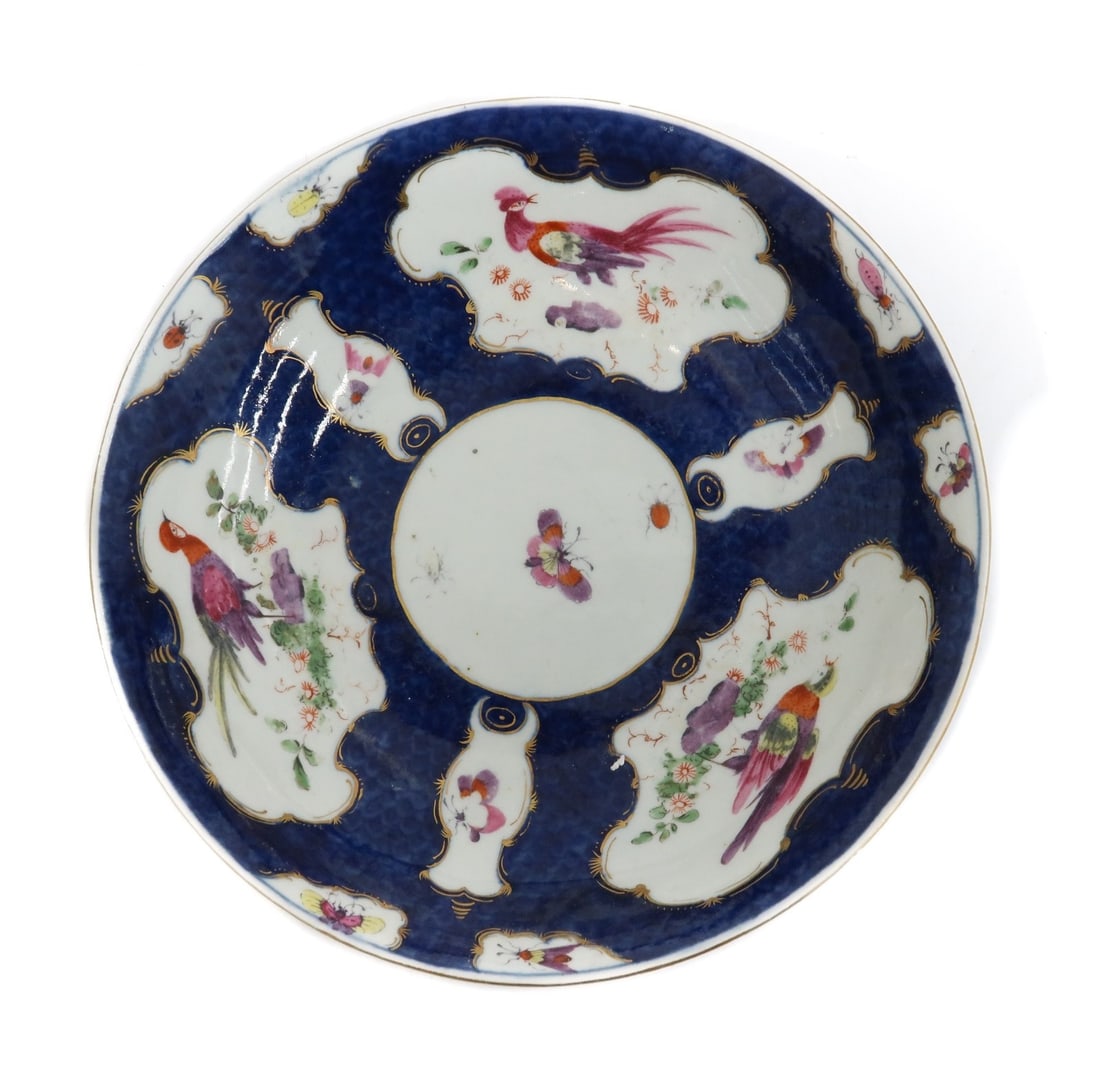 Royal Worcester England Blue Scale Hand Painted Gilt Exotic Birds Dish c1770: Royal Worcester England blue scale hand painted and gilt exotic birds deep plate or shallow bowl, circa 1770. Blue scale ground with gilt accents and exotic birds and insects throughout. Royal Worcest