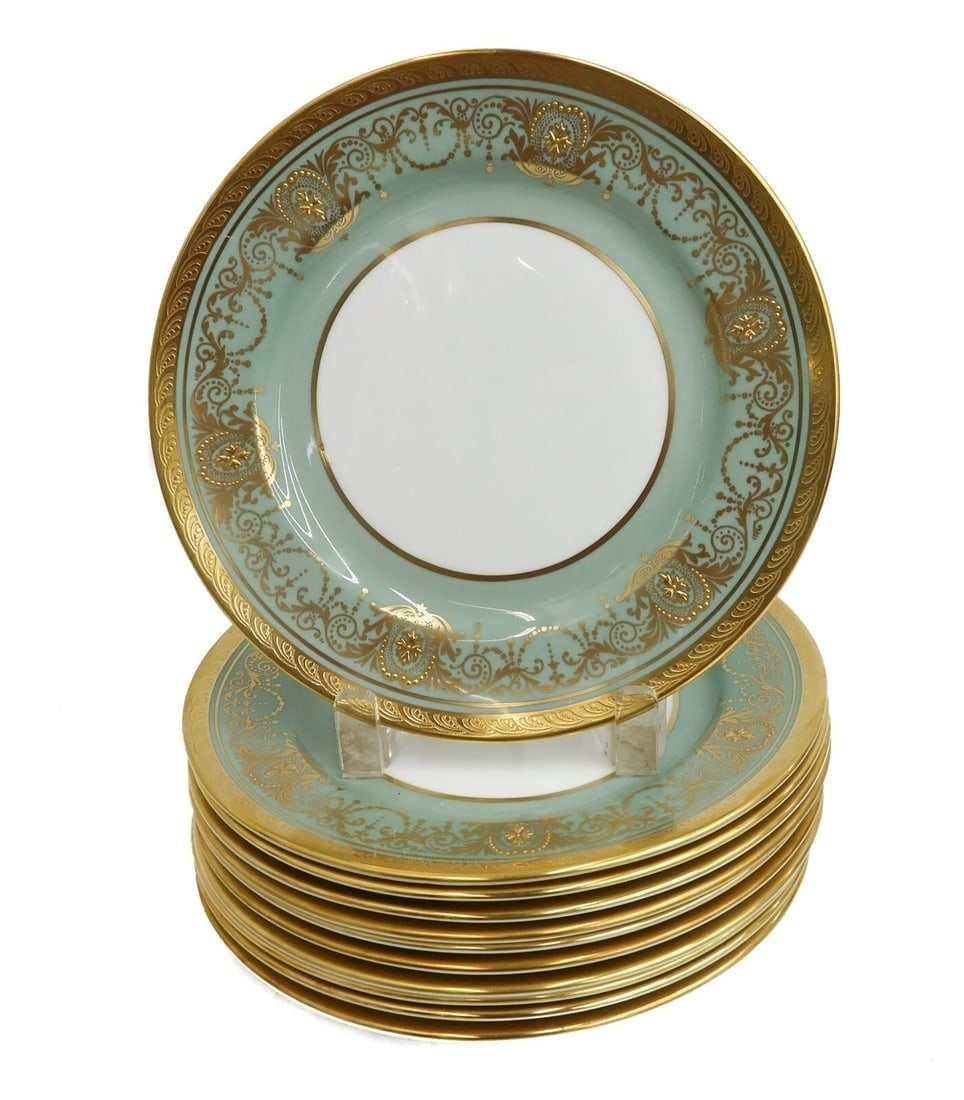 11 Aynsley England Porcelain Dessert Plates Marlborough Green Mid Century #835Y: 11 Aynsley England porcelain dessert plates in Marlborough Green #835Y, Mid Century. Sage green ground with gilt encrusted swag beaded rims. Aynsley England marks to underside. Weight: Approx. 12 lbs