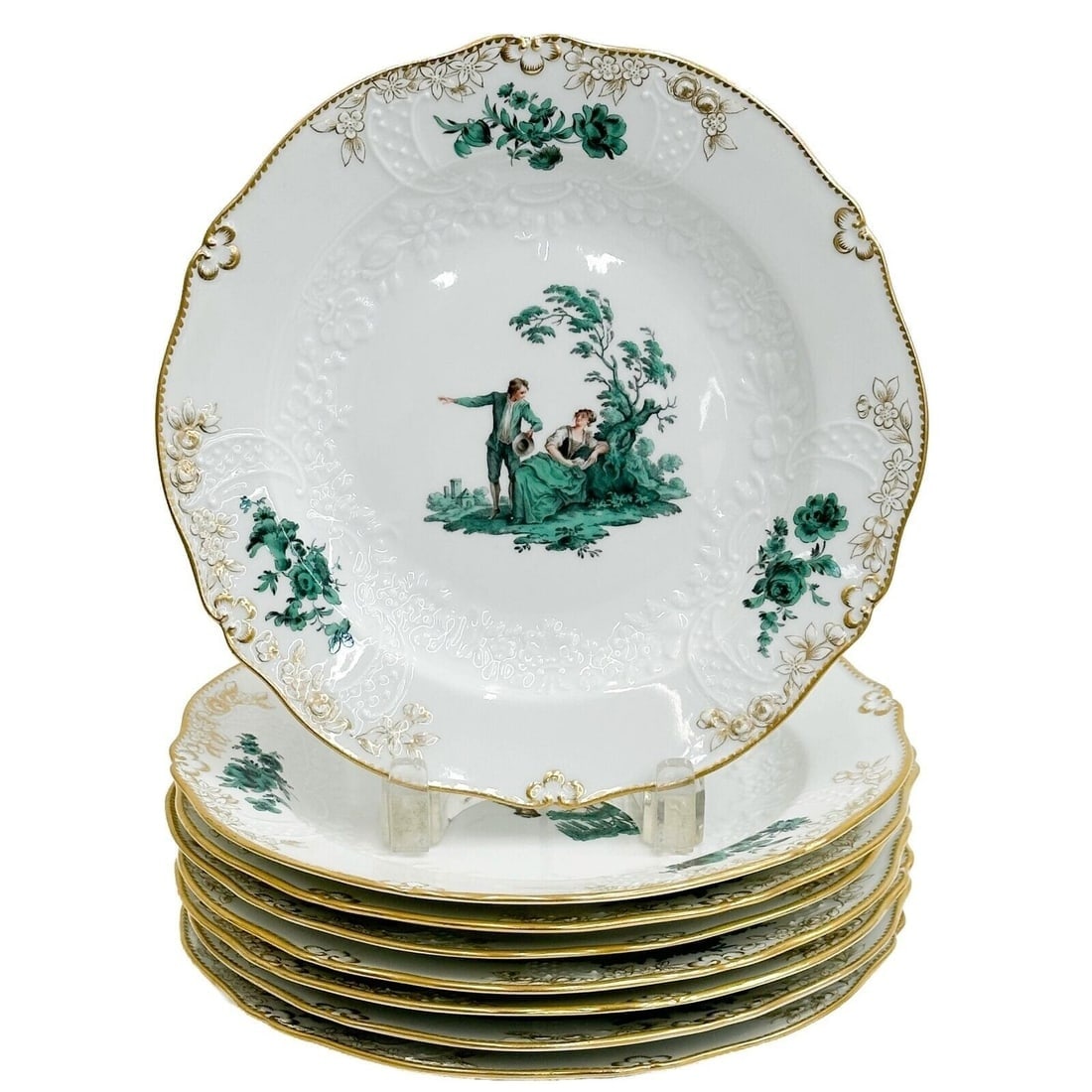 8 Meissen Germany Hand Painted Porcelain Watteau Green Cabinet Plates c 1920: 8 Meissen Germany Hand Painted Porcelain Watteau Cabinet Plates, circa 1920. A white ground with gilt accents, raised floral decoration to the center edge, green florals and Watteau courting scenes to