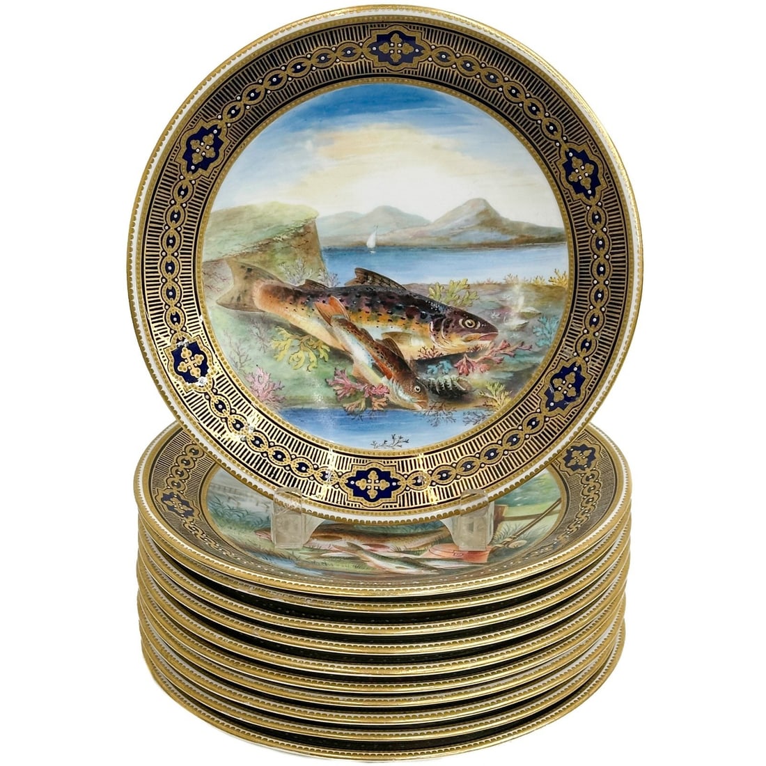 11 Royal Crown Derby Hand Painted Porcelain Fish Plates Signed H Deakin c1880: 11 Royal Crown Derby Hand Painted Porcelain Plates. Hand painted fish scenes, artist signed H Deakin for Henry Deakin. Underside with impressed Derby mark, numbered 1490 to edge, retailer's mark for G