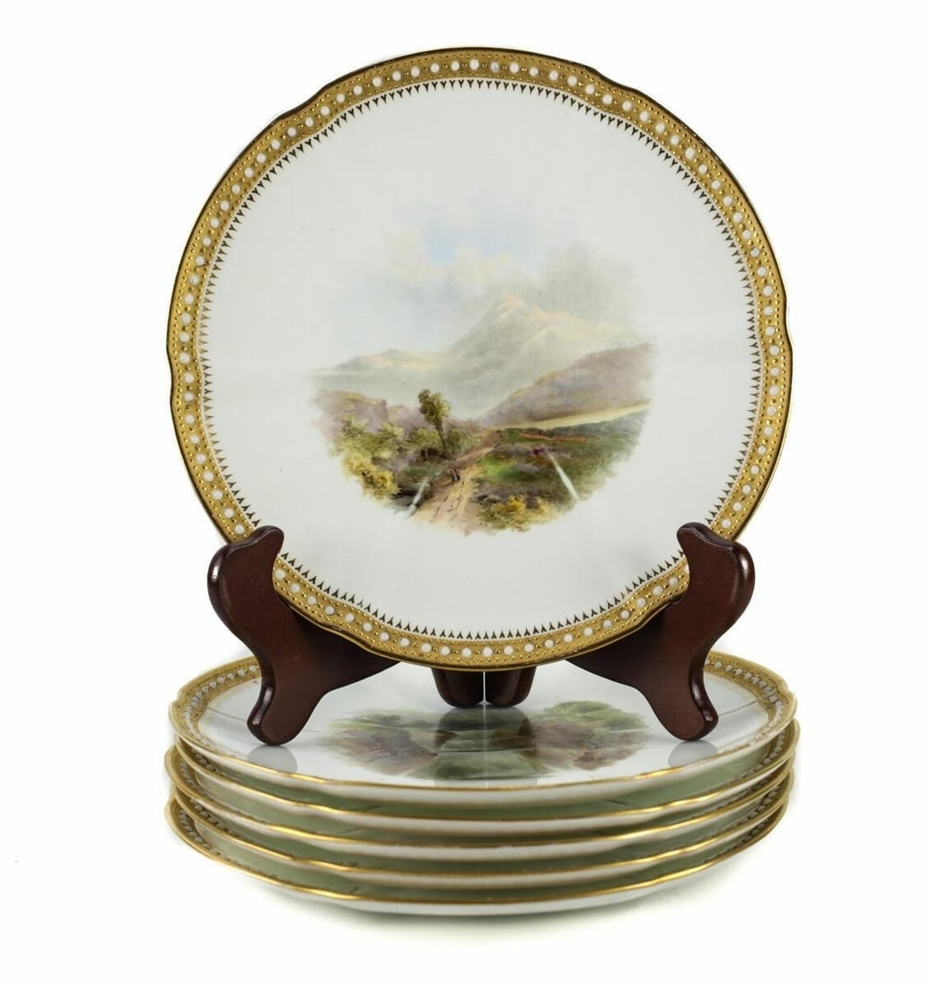 6 James Green & Nephew Scenic Cabinet Plates, 19th C: 19th Century group of 6 hand painted cabinet plates manufactured for James Green & Nephew Queen Victoria St. Gilt and raised enamel jewels to the rim with different hand painted naturalistic landscape