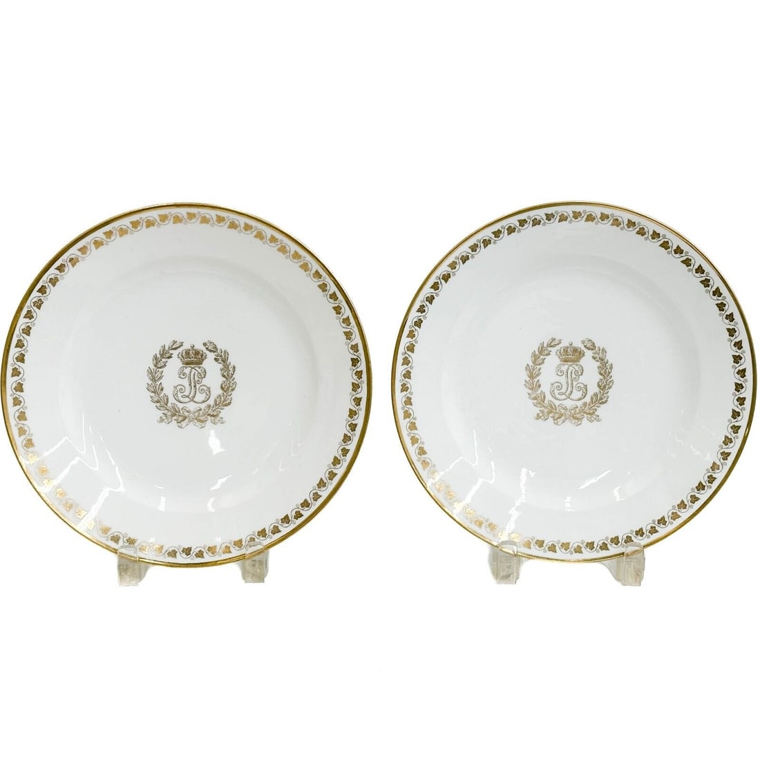 Pair Manufacture de Sevres Louis Philippe Gilt Porcelain Plates 1838 / 1840: Pair Manufacture de Sevres Gilt Porcelain Plate Gilt Porcelain Plates. A white ground decorated with gilt ivy leaves to the edge, stylized monogram to the center beneath a crown , framed by a laurel w